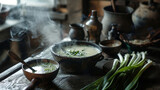 Preparing wild leek soup in a rustic kitchen