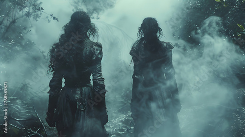 A pair of mysterious women stand amidst swirling fog in a dense, mystical forest setting, creating a haunting atmosphere