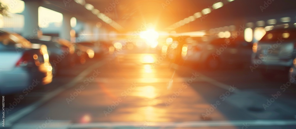 Car parking area with sunlit blurred and abstract background. generative AI image