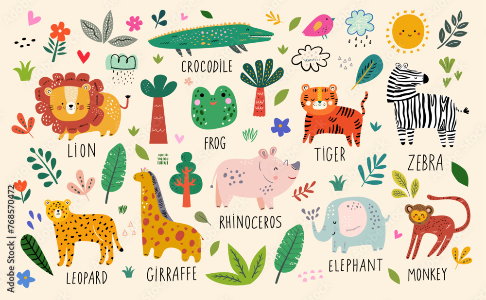 Fototapeta premium Children's educational poster with signed African animals. Baby hand drawn set for textile, posters, cards. Baby animals pattern. Fabric baby design. 