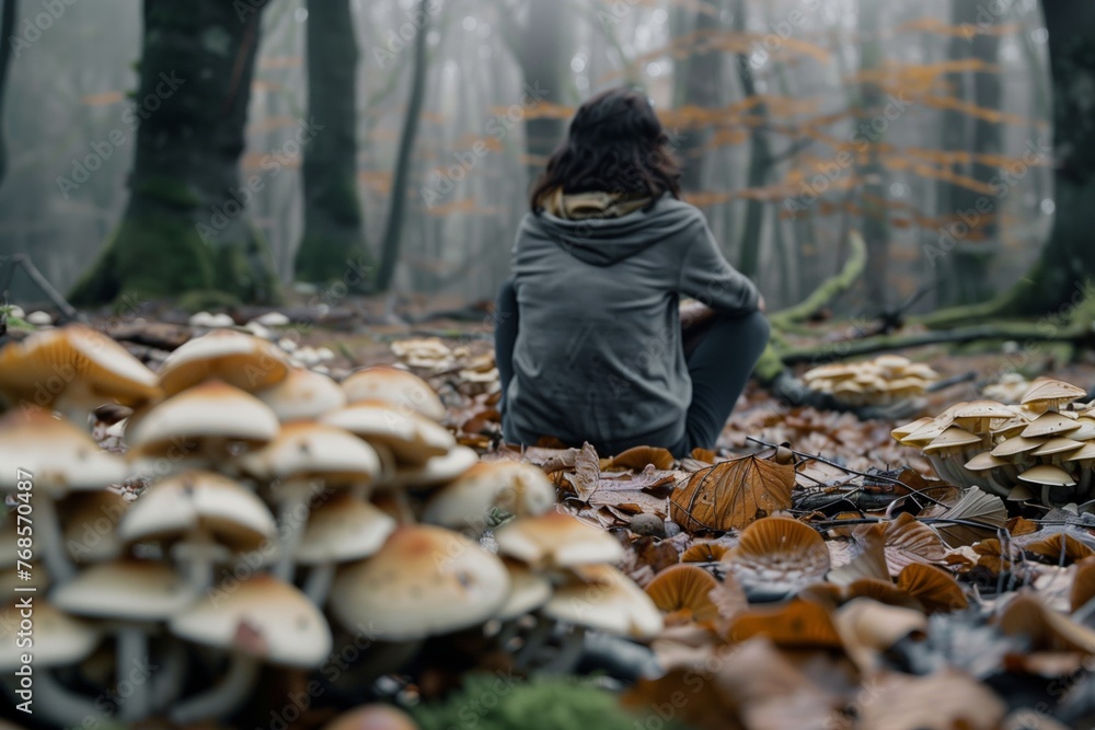 Fototapeta premium person sitting on the forest floor surrounded by mushrooms