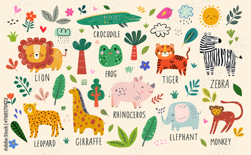 Children's educational poster with signed African animals. Baby hand drawn set for textile, posters, cards. Baby animals pattern. Fabric baby design. 