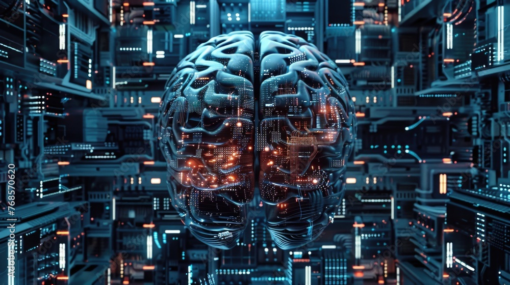 Conceptual image of a brain floating in a futuristic cyber data center.