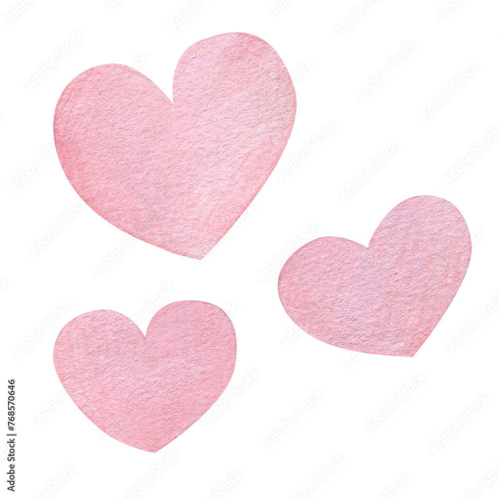Watercolor illustration of cute pink cartoon hearts. For decorating cards and invitations