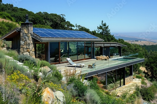 Technology-Nature Integration, Solar Panels on Hillside Home © Pasiporn