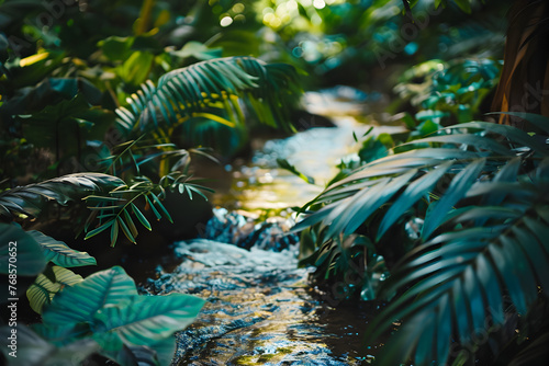 A small stream running through a tropical forest  surrounded by large leafy plants.