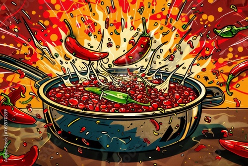 A high-energy pop art image showcasing an animated pot of chili with splashing beans and fiery peppers against a lively background.