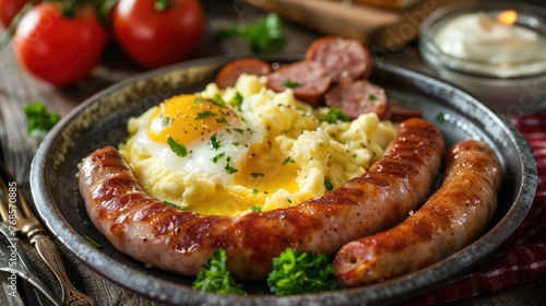 Scrambled eggs with fresh herbs and grilled sausages on a plate