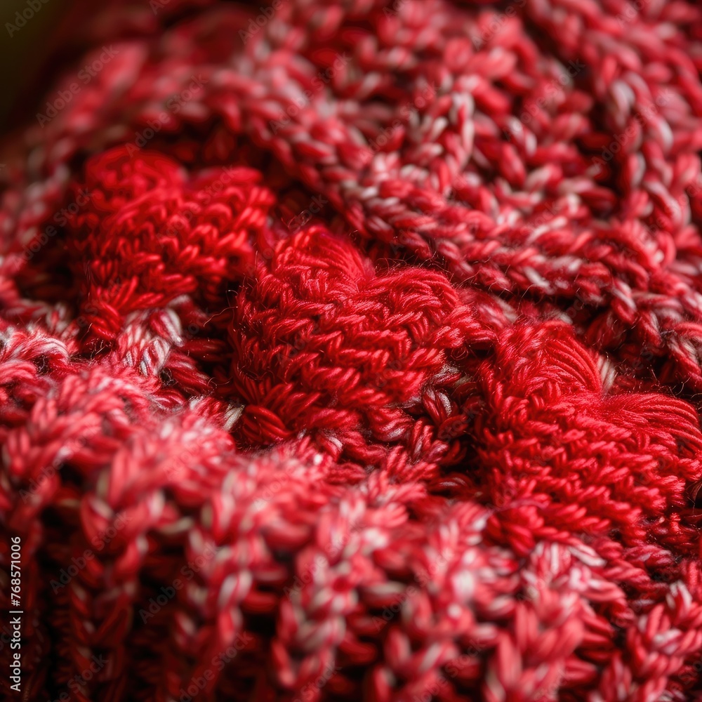 A close-up of knitting with red yarn the pattern forming tiny hearts A close-up of knitting with red yarn the pattern forming tiny hearts