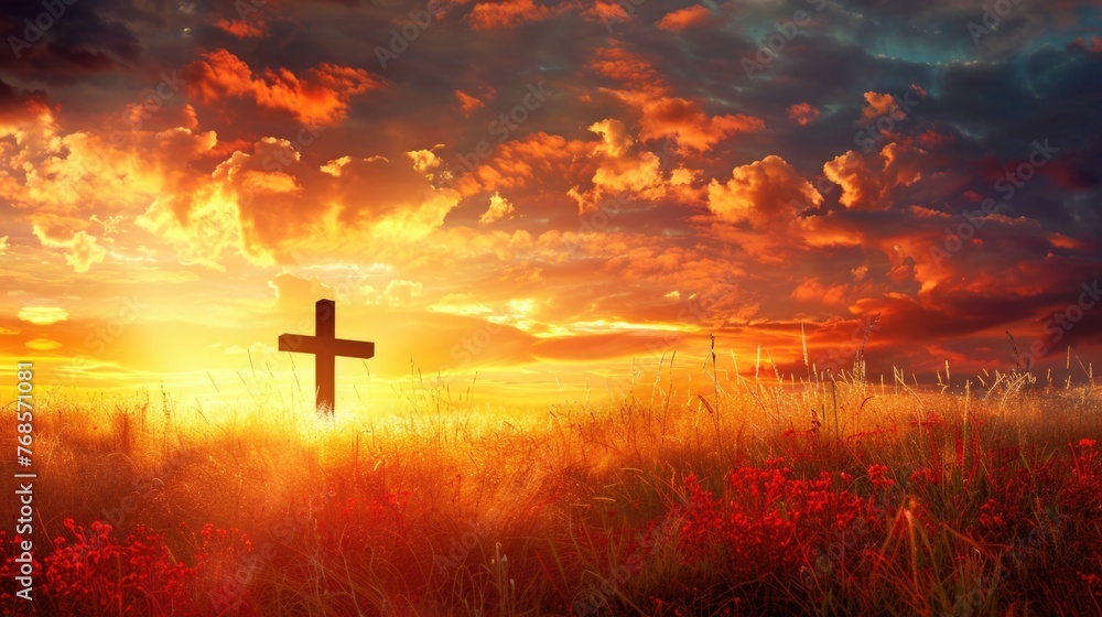 Wooden cross in a field at sunset with dramatic sky.