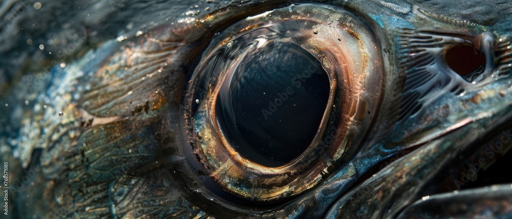 A dramatic close-up of a tunas eye with intricate details that reflect the complexity and mystery of marine life A dramatic close-up of a tunas eye with intricate details that reflect the complexity and mystery of marine life