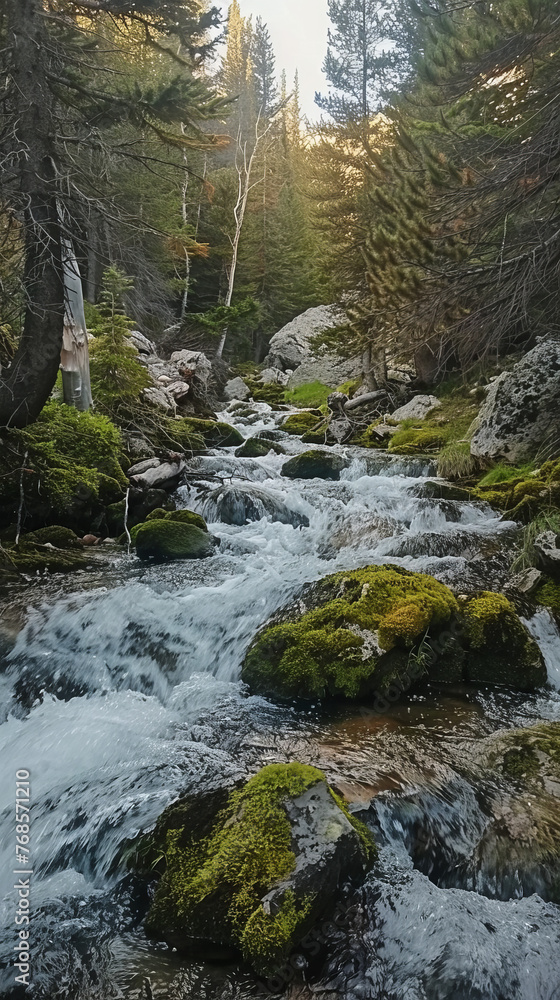 A vibrant mountain stream cascades over moss-covered rocks, surrounded by the lush greenery of a wild forest A vibrant mountain stream cascades over moss-covered rocks, surrounded by the lush greenery of a wild forest