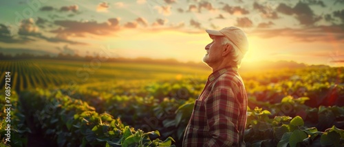 In a soybean field at sunset, a senior farmer examines the crop as he stands in it.