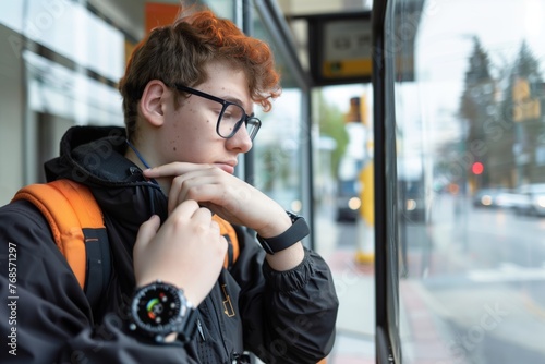 a student with glasses looking at a smartwatch at the bus stop