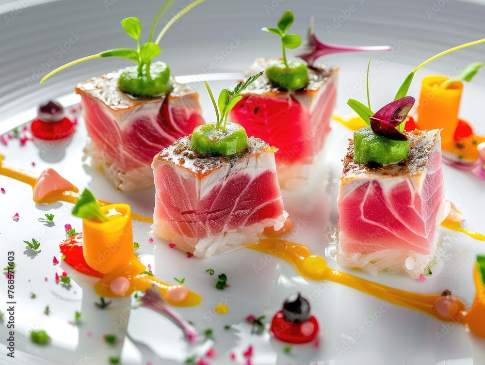 An elegant scene of a fine dining restaurant serving an innovative tuna dish with a focus on presentation and flavor An elegant scene of a fine dining restaurant serving an innovative tuna dish with a focus on presentation and flavor