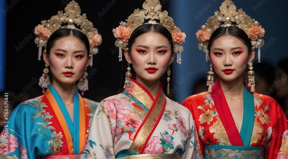 High fashion show with beautiful chinese woman models in traditional casual colorful outfits High fashion show with beautiful chinese woman models in traditional casual colorful outfits