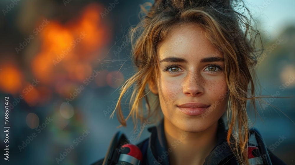 Fototapeta premium Female firefighter with helmet in front of fire. Close-up portrait with vivid sparks and flames.