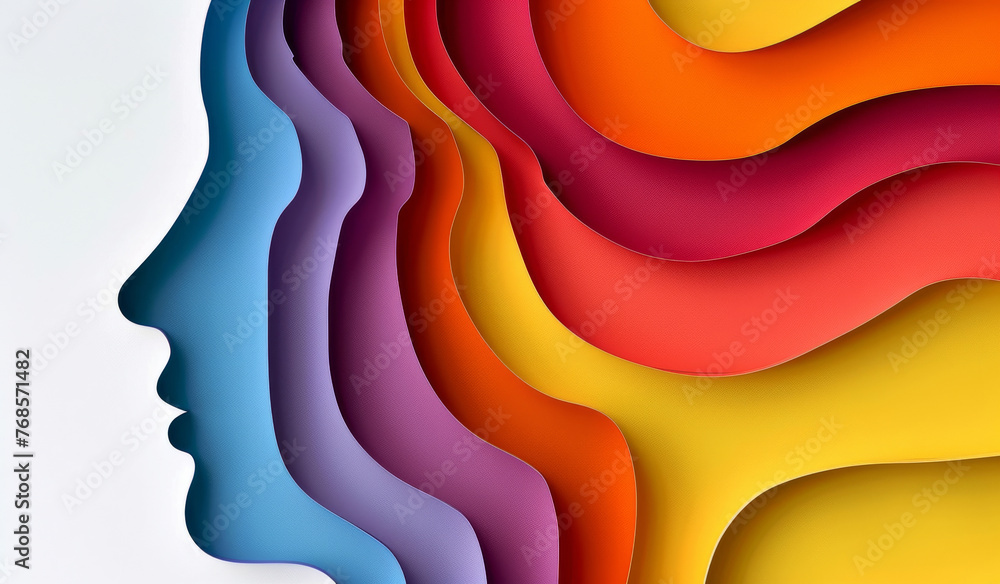 Abstract, face shape or creative design in the style of paper for backdrop, wallpaper or graphic poster advertising with copyspace. Rainbow, layers and craft template for background, banner or mockup Abstract, face shape or creative design in the style of paper for backdrop, wallpaper or graphic poster advertising with copyspace. Rainbow, layers and craft template for background, banner or mockup