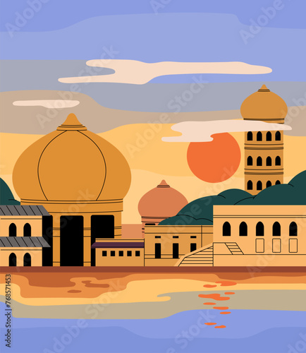 Ancient Indian cityscape. Old city in India on water shore. Traditional arabian architecture: buildings, palaces, temples with golden domes. Sunset above Sri Lanka town. Flat vector illustration