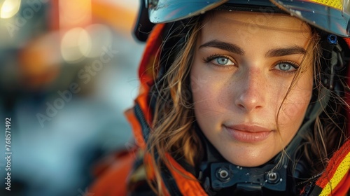 Female firefighter with helmet in front of fire. Close-up portrait with vivid sparks and flames.