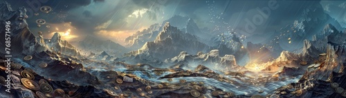 A fantasy landscape where mountains of coins and rivers of banknotes clash under a sky lit by financial forecasts photo