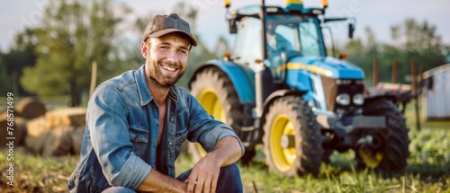 In this portrait, a handsome young Caucasian farmer stands in the field and looks to the camera. Behind him is a big tractor. He is a happy and cheerful man. The image is taken in the sunlight as the