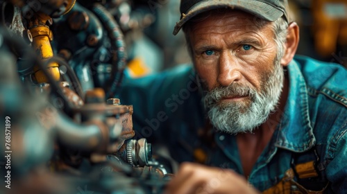 Mechanic working on engine parts in machinery workshop.