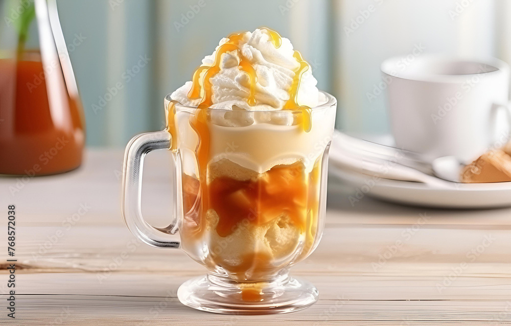 Tasty ice cream with caramel sauce in transparent mug on white w Tasty ice cream with caramel sauce in transparent mug on white w