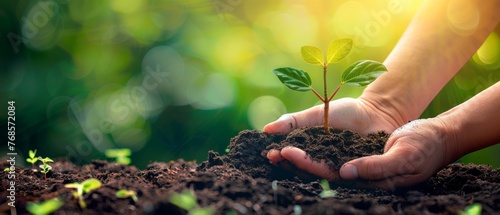 A farmer nurturing a tree on fertile soil with green and yellow bokeh background / nurturing a baby plant / protecting the environment / Earth Day image.