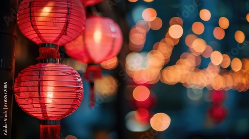 Traditional Chinese lanterns hanging outdoors at night.