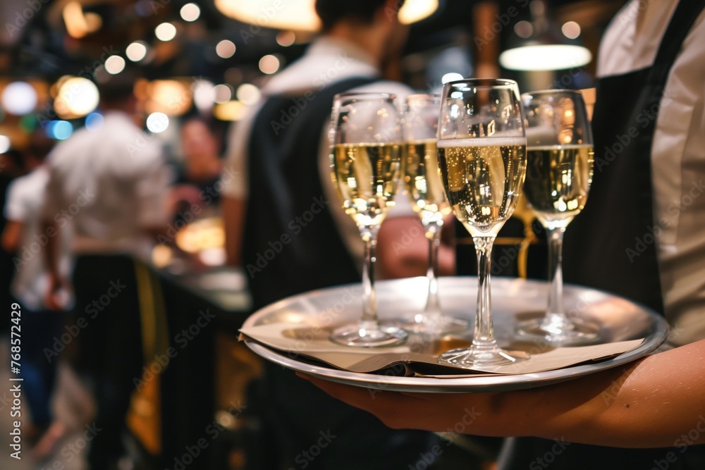 waiter carrying tray with champagne glasses in a busy restaurant waiter carrying tray with champagne glasses in a busy restaurant