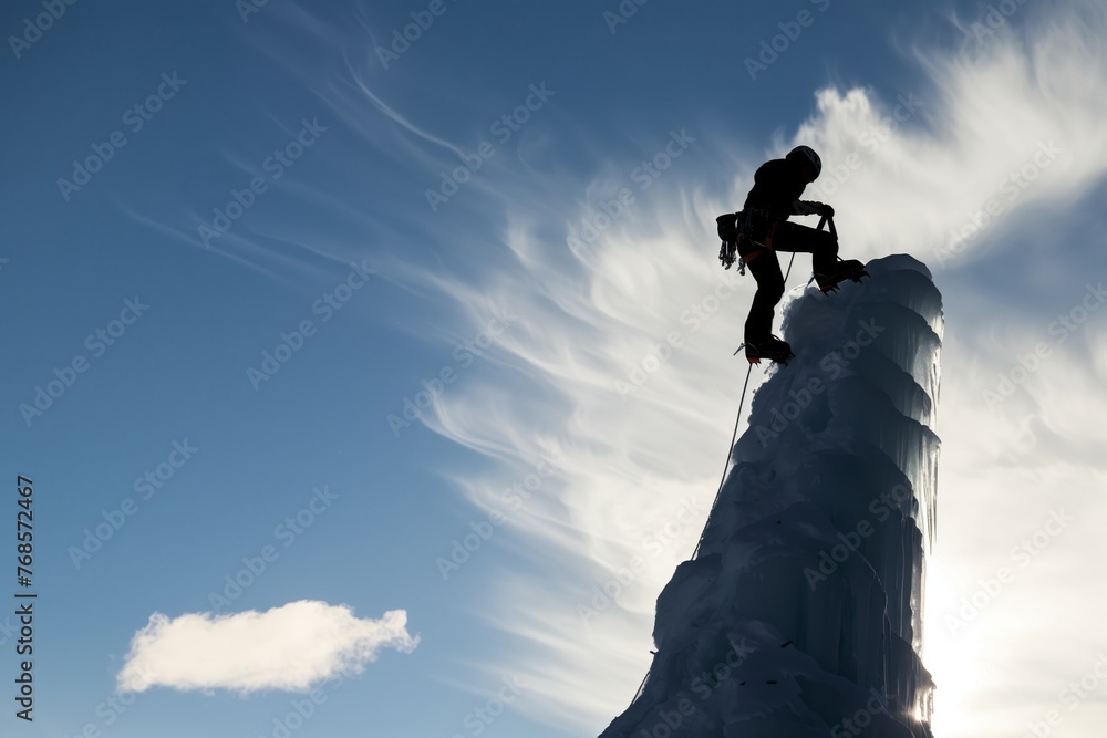 climber silhouetted against sky while on a ice column