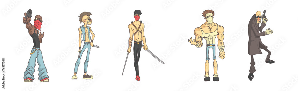 Man Killer or Assassin Character with Weapon Vector Set Man Killer or Assassin Character with Weapon Vector Set