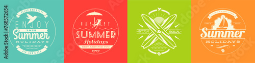 Set of summer vacation, holidays and trave emblems with lettering. Vector illustration.