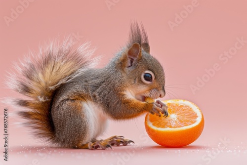 Cute squirrel eating an orange slice on a pink background photo