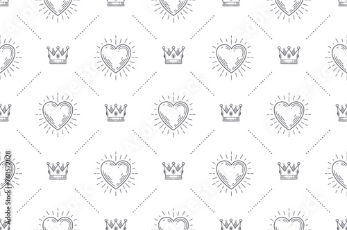 Seamless background with royal crown and shining heart - pattern for wallpaper, wrapping paper, book flyleaf, envelope inside, etc. Vector illustration.