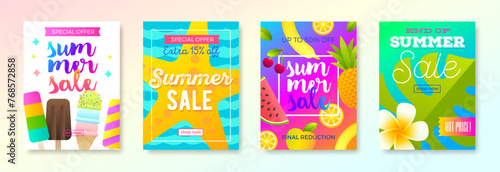 Set of summer sale promotion banner. Summer holidays and travel colorful bright background. Vacation poster design. Vector illustration.
