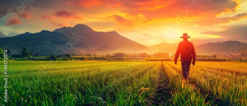 The farmer walks on a green field of healthy food. Business agriculture concept farmer walk home after harvesting at sunset. Farmer walk agriculture concept natural food.