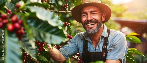 An Arabica coffee bean is picked by a happy farmer from the coffee tree. photo