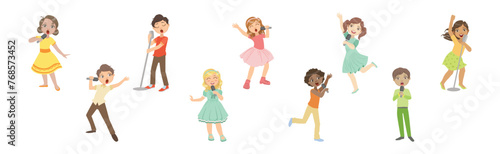 Little Children Singing with Microphone Performing on Stage Vector Set