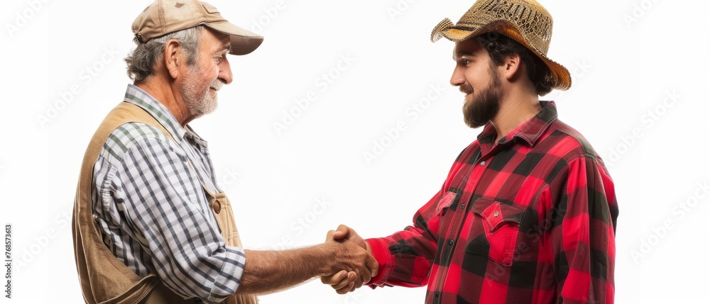Taking a handshake with a young casual man standing in front of a white background in a full length profile shot