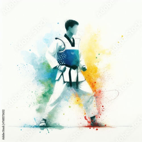 Taekwondo in watercolor splash paint illustration with Generative AI.
