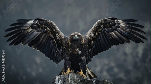 Eagle spreads its wings on a rock in the wild. A clawed predatory animal.