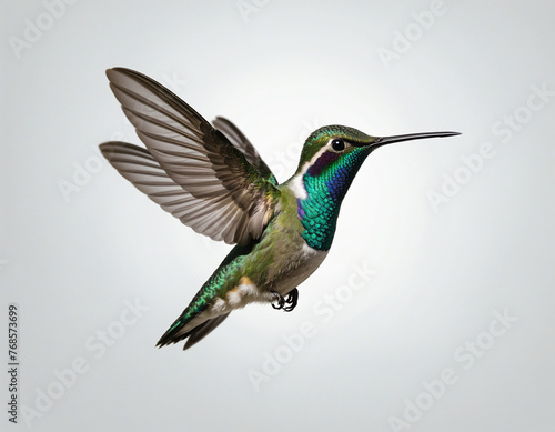 Beautiful green hummingbird in flight isolated on white background colorful background
