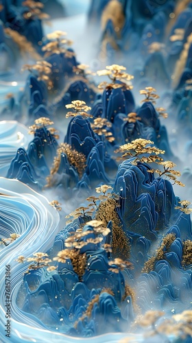 Ancient Chinese Influence: Interactive Art with Gold and Blue Mountain Landscapes