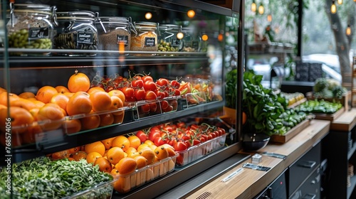 Modern grocery store interior with fresh fruits and vegetables on shelves.