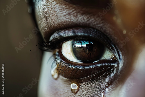 a black woman's eye shedding tears, sadness and conveying concepts related to mental health and being a victim of gender violence.