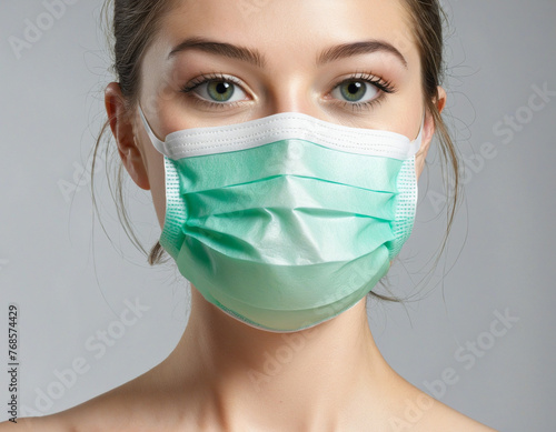 Green medical protective face or surgical earloop mask isolated on transparent background colorful background photo