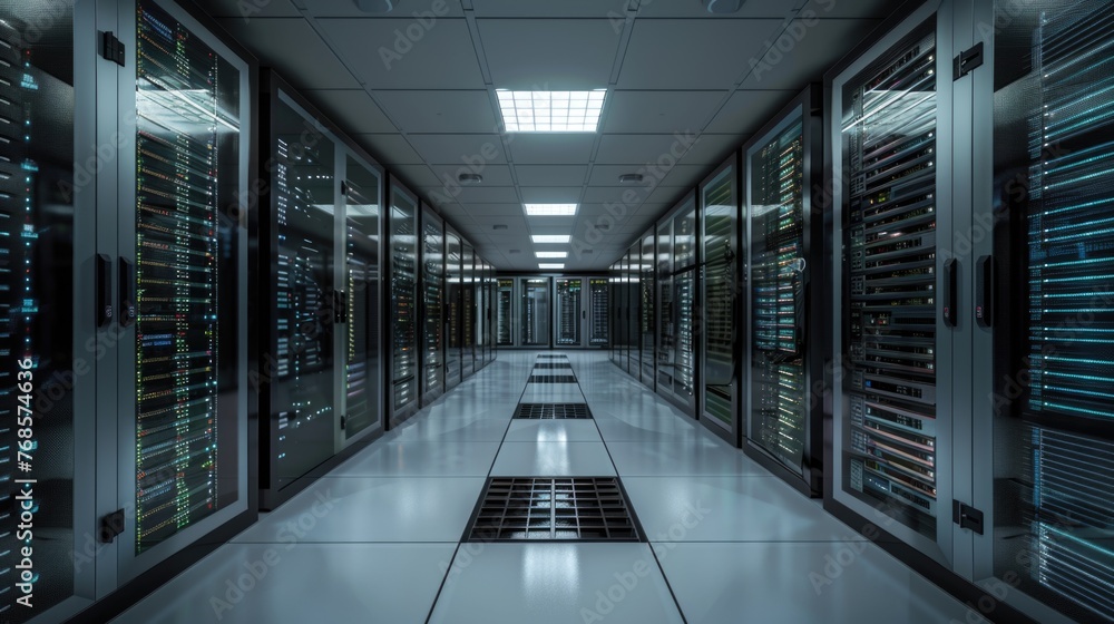 Obraz premium Data center server room with server racks in a corridor formation.