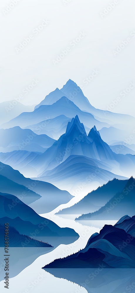 Simplified Mountain Silhouette: Gradient Blue, Monochrome Lines, Chinese Landscape Texture